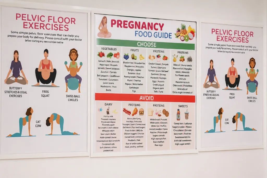 Pregnancy Food Guide and Pelvic Floor Exercises wall charts at Dr. Poonam's Women's Clinic