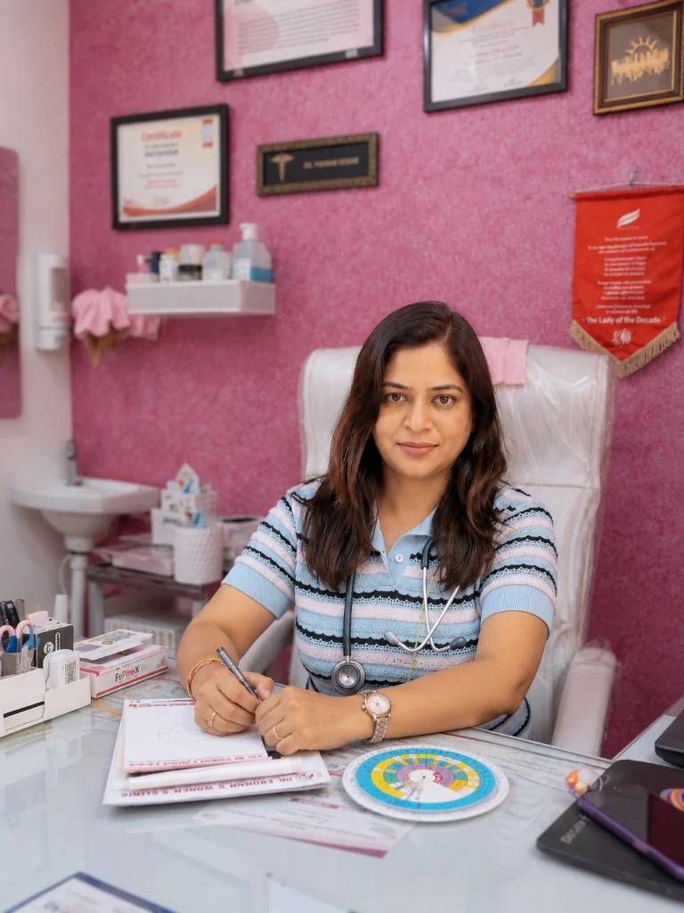 Dr. Poonam consultation desk and patient care at Dr. Poonam's Women's Clinic