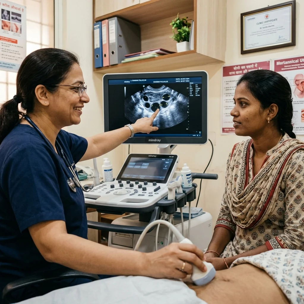 Doctor pointing to ultrasound screen showing follicle study
