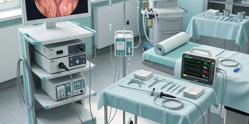 Safe medical setup and monitors preparing for a diagnostic hysteroscopy procedure