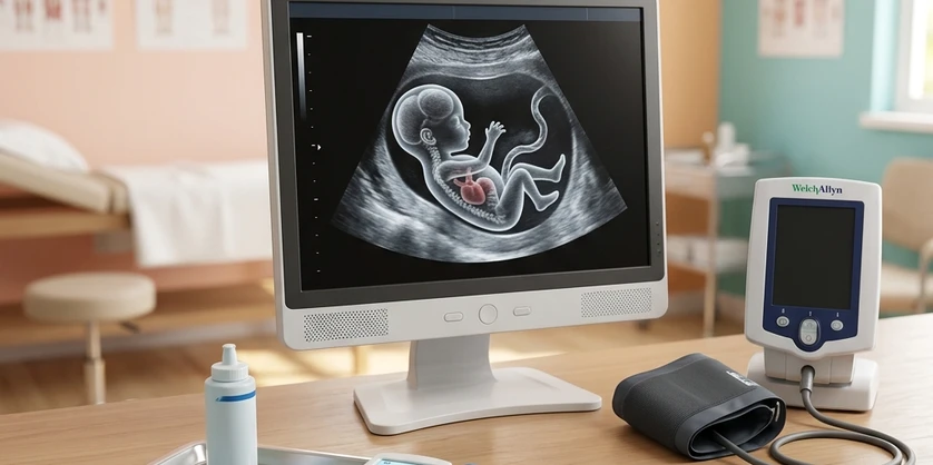 Sterile ultrasound monitor displaying fetal scan and antenatal checklist chart
