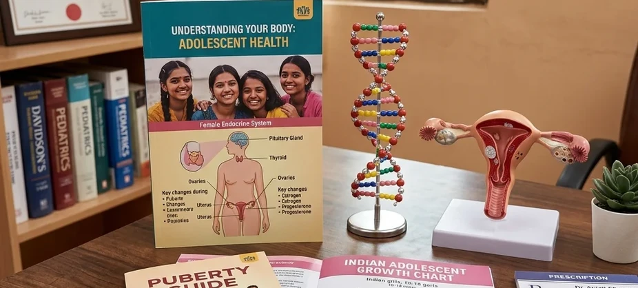 Educational adolescent growth materials and biological endocrine charts on a clinical table